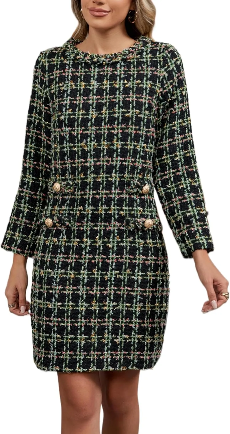 LifeShe Women's Long Sleeve Tweed Mini Dress Business Work Short Dress Elegant Cute Party Dresses