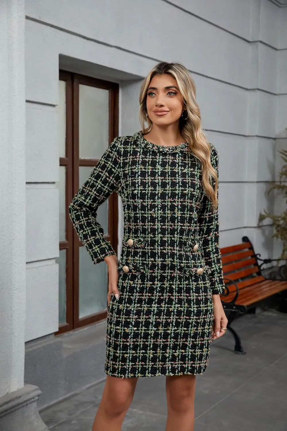 LifeShe Women's Long Sleeve Tweed Mini Dress Business Work Short Dress Elegant Cute Party Dresses