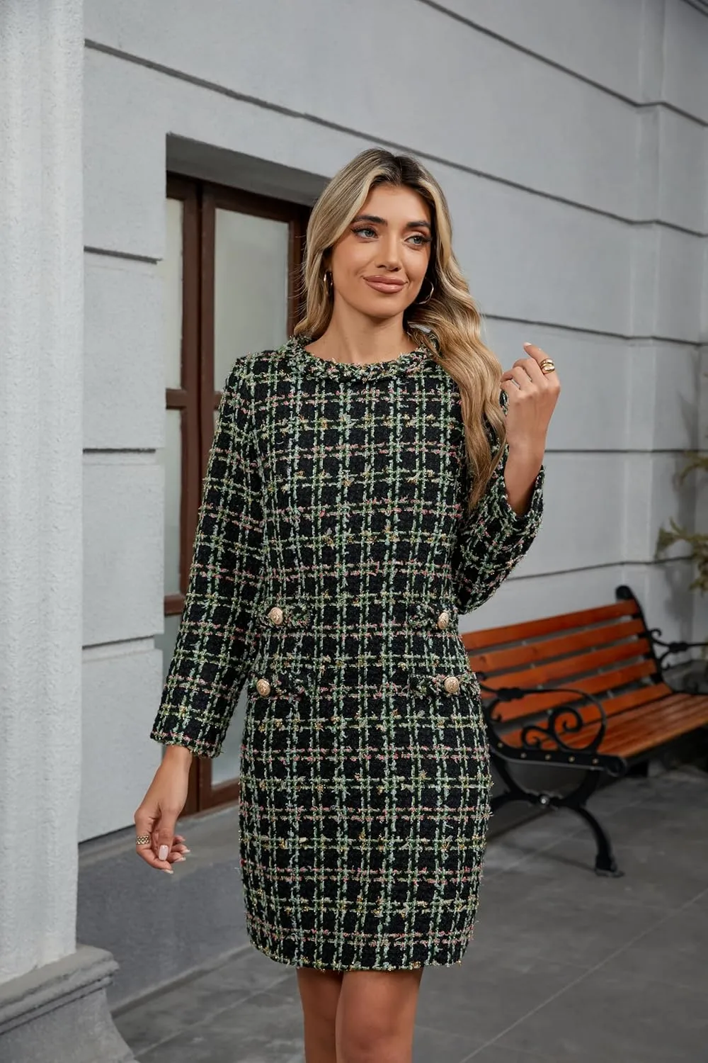 LifeShe Women's Long Sleeve Tweed Mini Dress Business Work Short Dress Elegant Cute Party Dresses