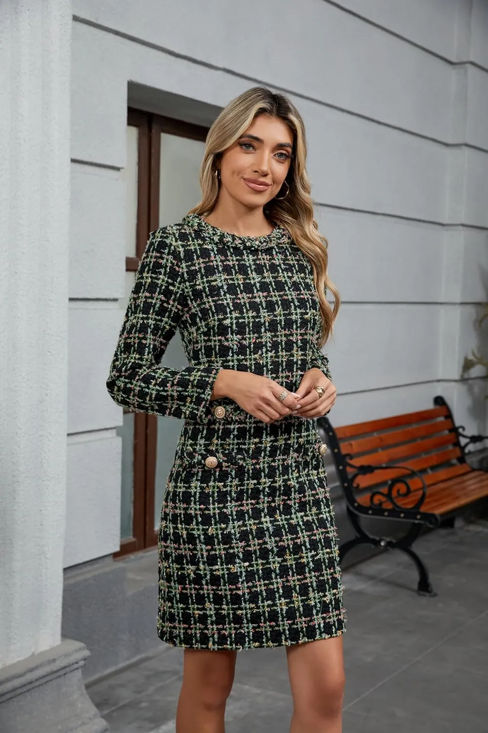LifeShe Women's Long Sleeve Tweed Mini Dress Business Work Short Dress Elegant Cute Party Dresses