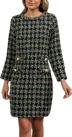 LifeShe Women's Long Sleeve Tweed Mini Dress Business Work Short Dress Elegant Cute Party Dresses