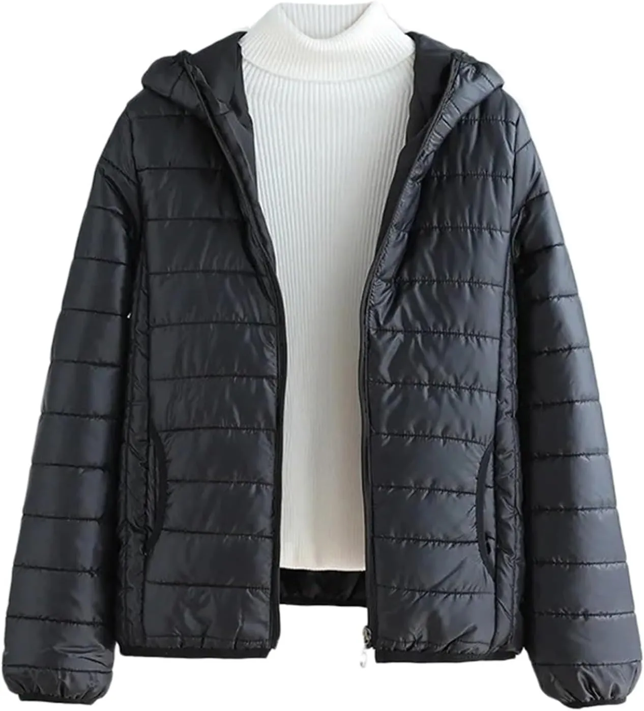 Lightweight Puffer Jacket Women Packable Quilted Hooded Coat Winter Bubble Padded Zip Down Coats