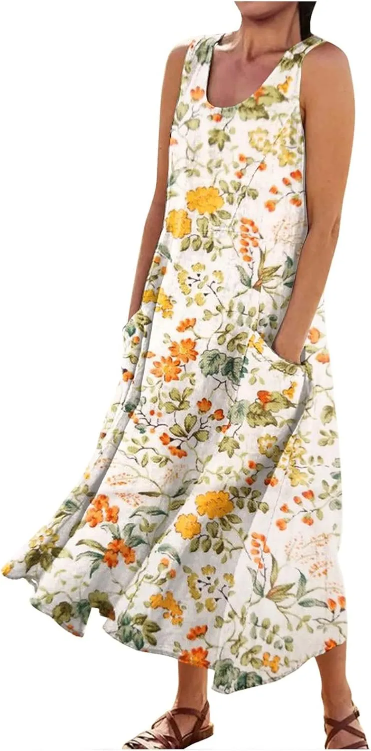 Linen Dress for Women 2024 Summer Flowy Tank Dress Printed Sleeveless Long Dress Casual Maxi Dresses with Pockets