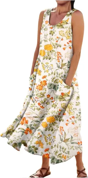 Linen Dress for Women 2024 Summer Flowy Tank Dress Printed Sleeveless Long Dress Casual Maxi Dresses with Pockets