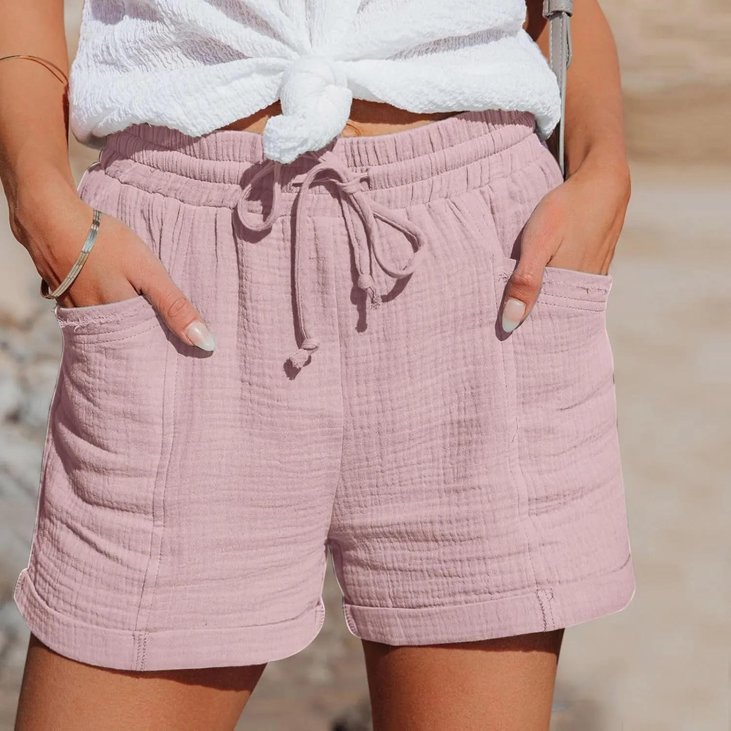 Linen Shorts for Women Summer Casual Comfy Shorts Drawstring Elastic Waist Lightweight Shorts with Pockets