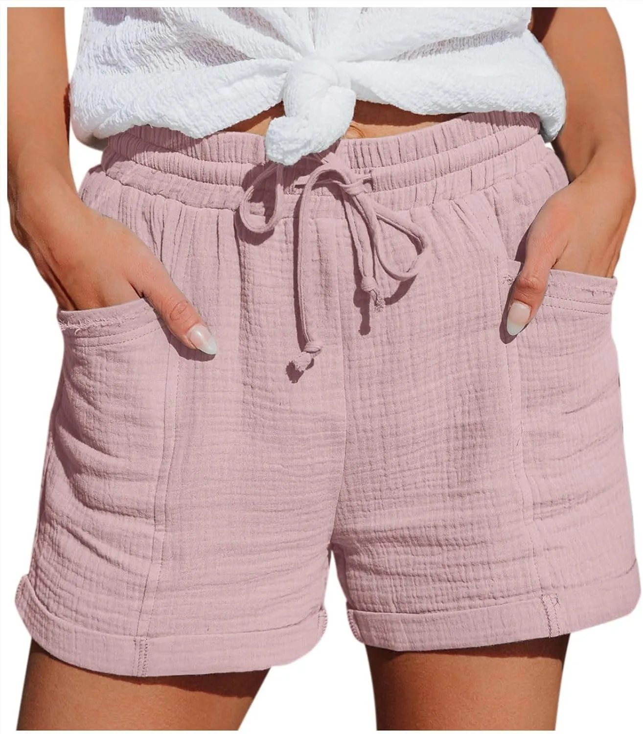 Linen Shorts for Women Summer Casual Comfy Shorts Drawstring Elastic Waist Lightweight Shorts with Pockets