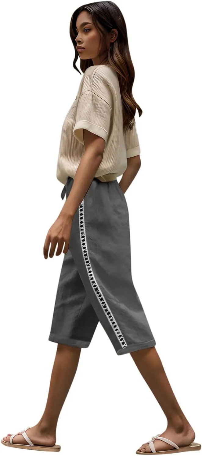 Linen Shorts for Women Trendy High Waisted Pants Side Hollow Lace Trim Drawstring Shorts with Pockets