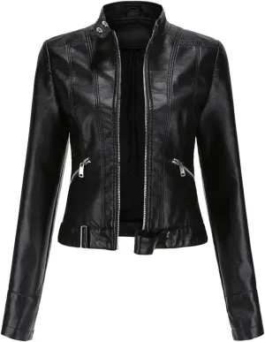 Lmdudan Faux Leather Jacket for Women Fashion Zip Up Motorcycle Jackets Tops Short PU Moto Biker Outwear Fitted Slim Coats