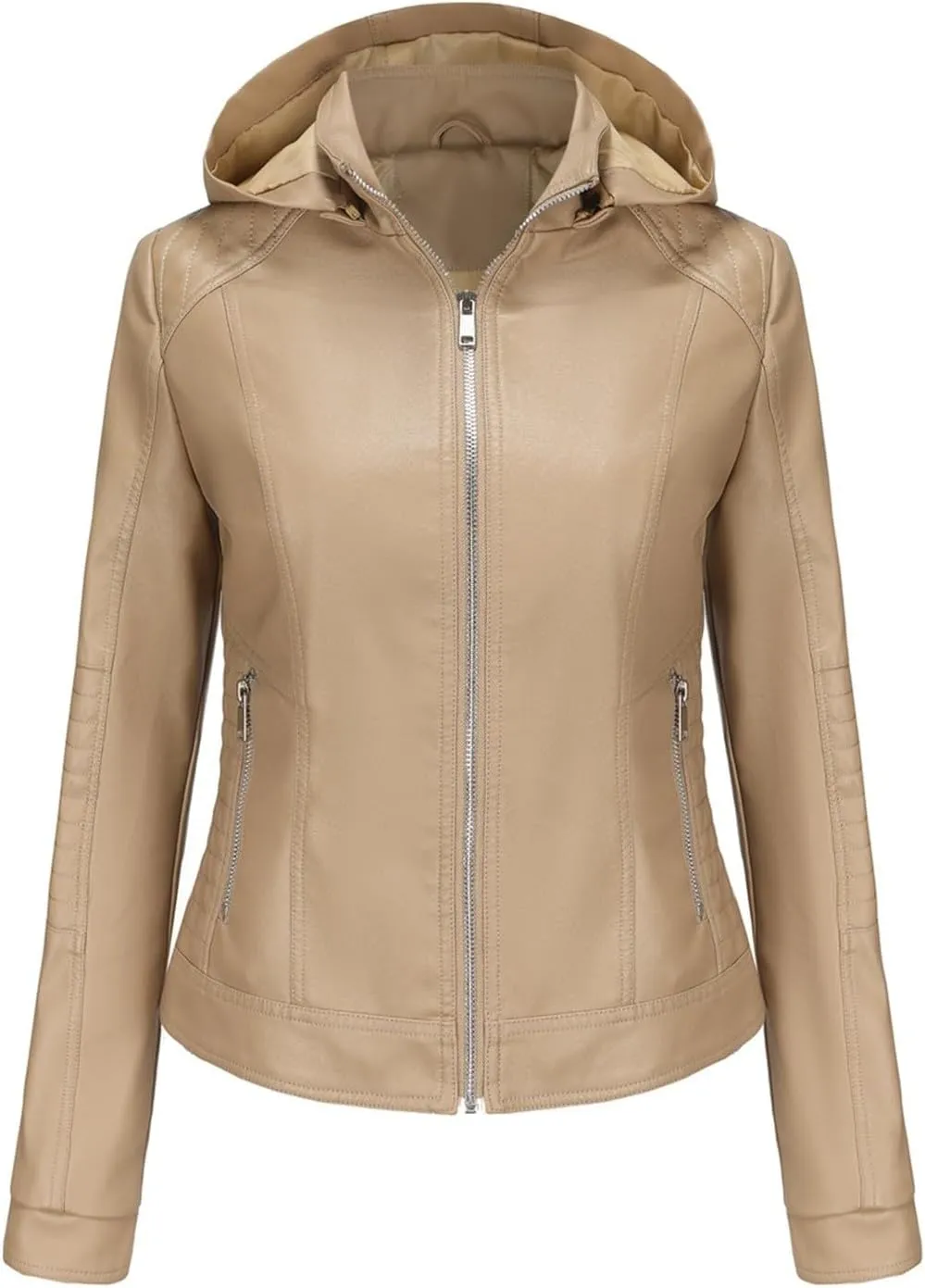 Lmdudan Faux Leather Jacket for Women Motorcycle Biker Coat with Removable Hood Plus Size Long Sleeve Zipper Coats Outwear