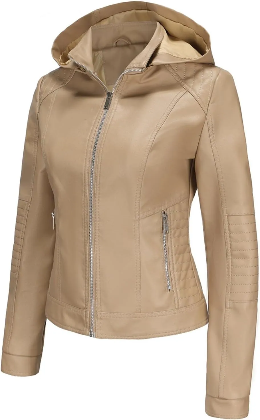 Lmdudan Faux Leather Jacket for Women Motorcycle Biker Coat with Removable Hood Plus Size Long Sleeve Zipper Coats Outwear