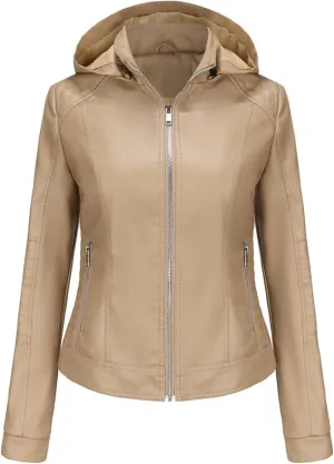 Lmdudan Faux Leather Jacket for Women Motorcycle Biker Coat with Removable Hood Plus Size Long Sleeve Zipper Coats Outwear
