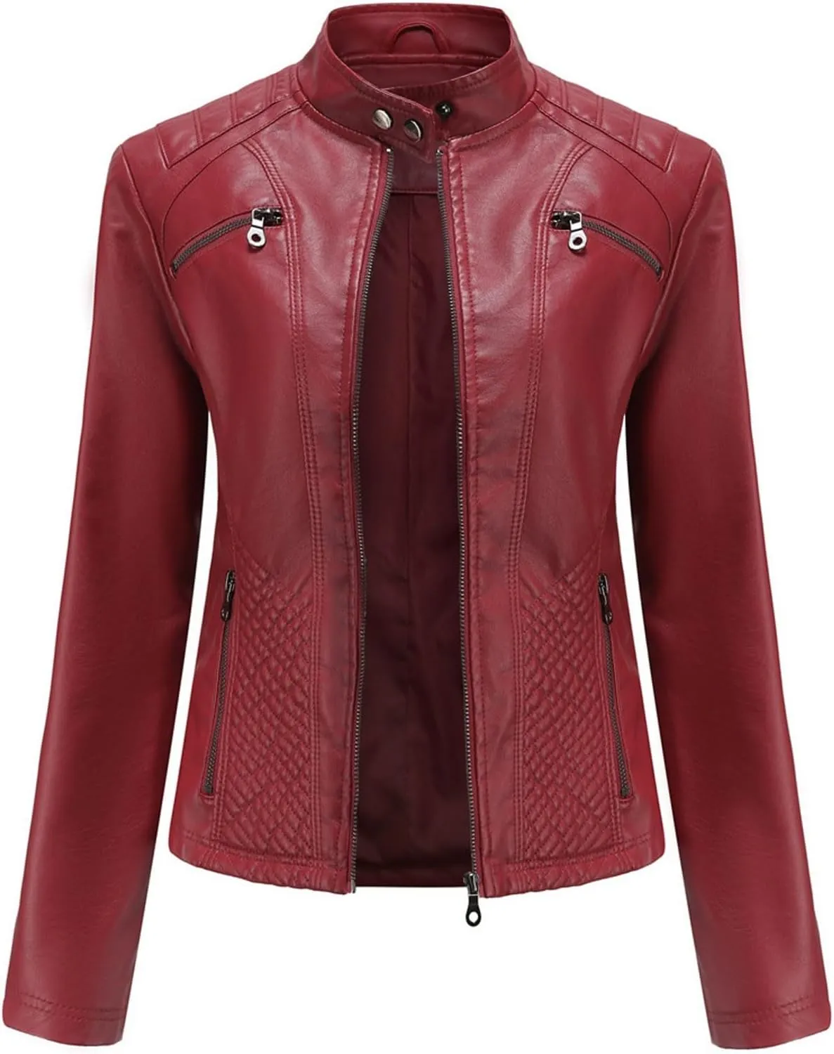 Lmdudan Faux Leather Jacket for Women Stand Collar Motorcycle Zip Up Long Sleeve Motor Biker Short Coat Outwear with Pockets