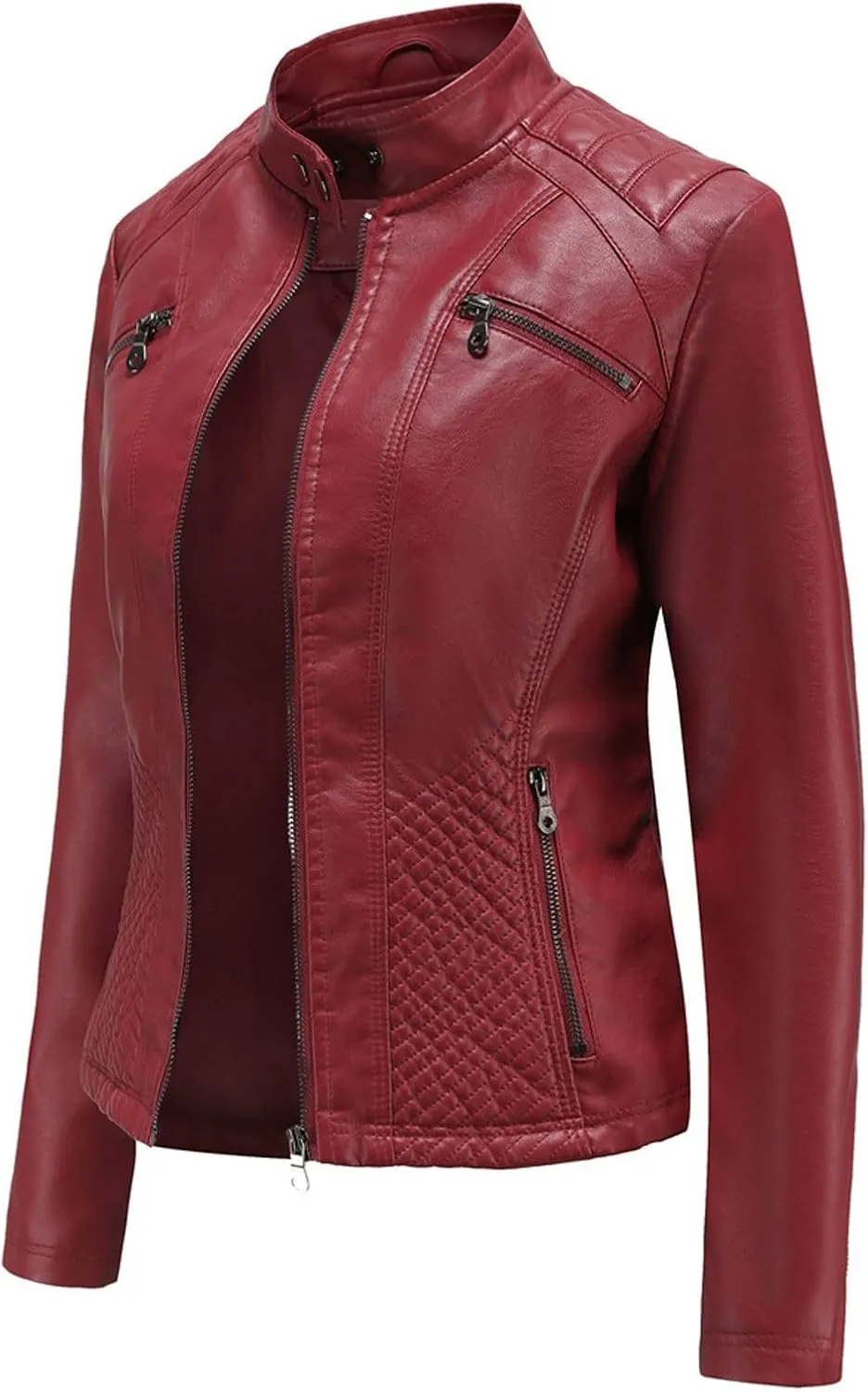 Lmdudan Faux Leather Jacket for Women Stand Collar Motorcycle Zip Up Long Sleeve Motor Biker Short Coat Outwear with Pockets