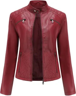 Lmdudan Faux Leather Jacket for Women Stand Collar Motorcycle Zip Up Long Sleeve Motor Biker Short Coat Outwear with Pockets