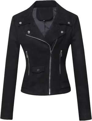Lmdudan Faux Leather Short Jacket for Women Winter Long Sleeve Motorcycle Coats Sexy Lapel Zipper Cropped Outwear Tops