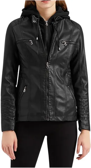 Lmdudan Hooded Leather Jacket for Women Motorcycle Coat Plus Size Long Sleeve Zipper Faux Leather Jackets Outwear & Pockets
