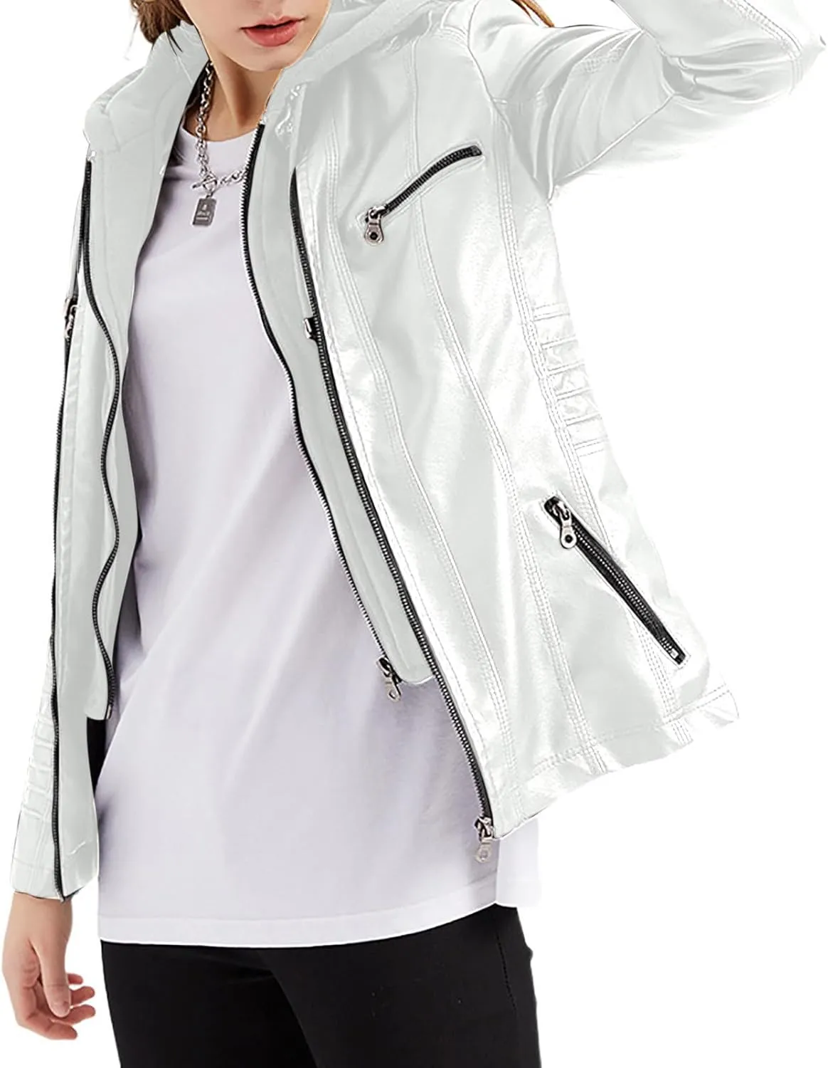 Lmdudan Hooded Leather Jacket for Women Motorcycle Coat Plus Size Long Sleeve Zipper Faux Leather Jackets Outwear & Pockets