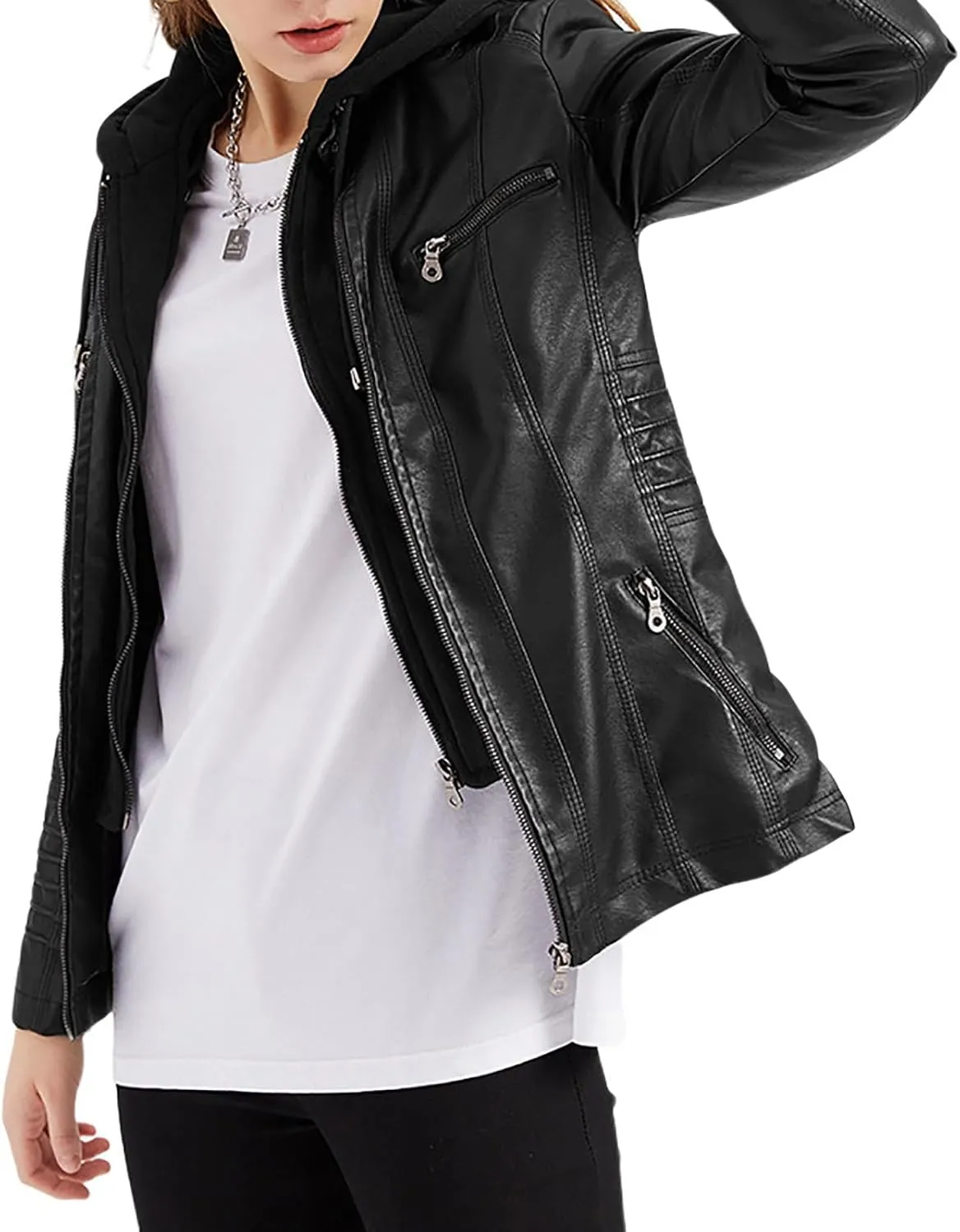Lmdudan Hooded Leather Jacket for Women Motorcycle Coat Plus Size Long Sleeve Zipper Faux Leather Jackets Outwear & Pockets