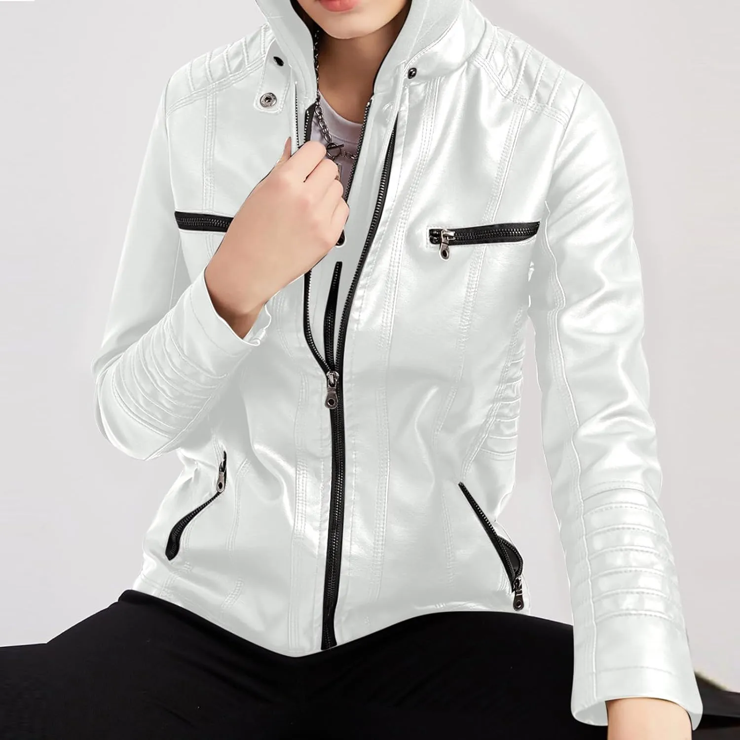 Lmdudan Hooded Leather Jacket for Women Motorcycle Coat Plus Size Long Sleeve Zipper Faux Leather Jackets Outwear & Pockets