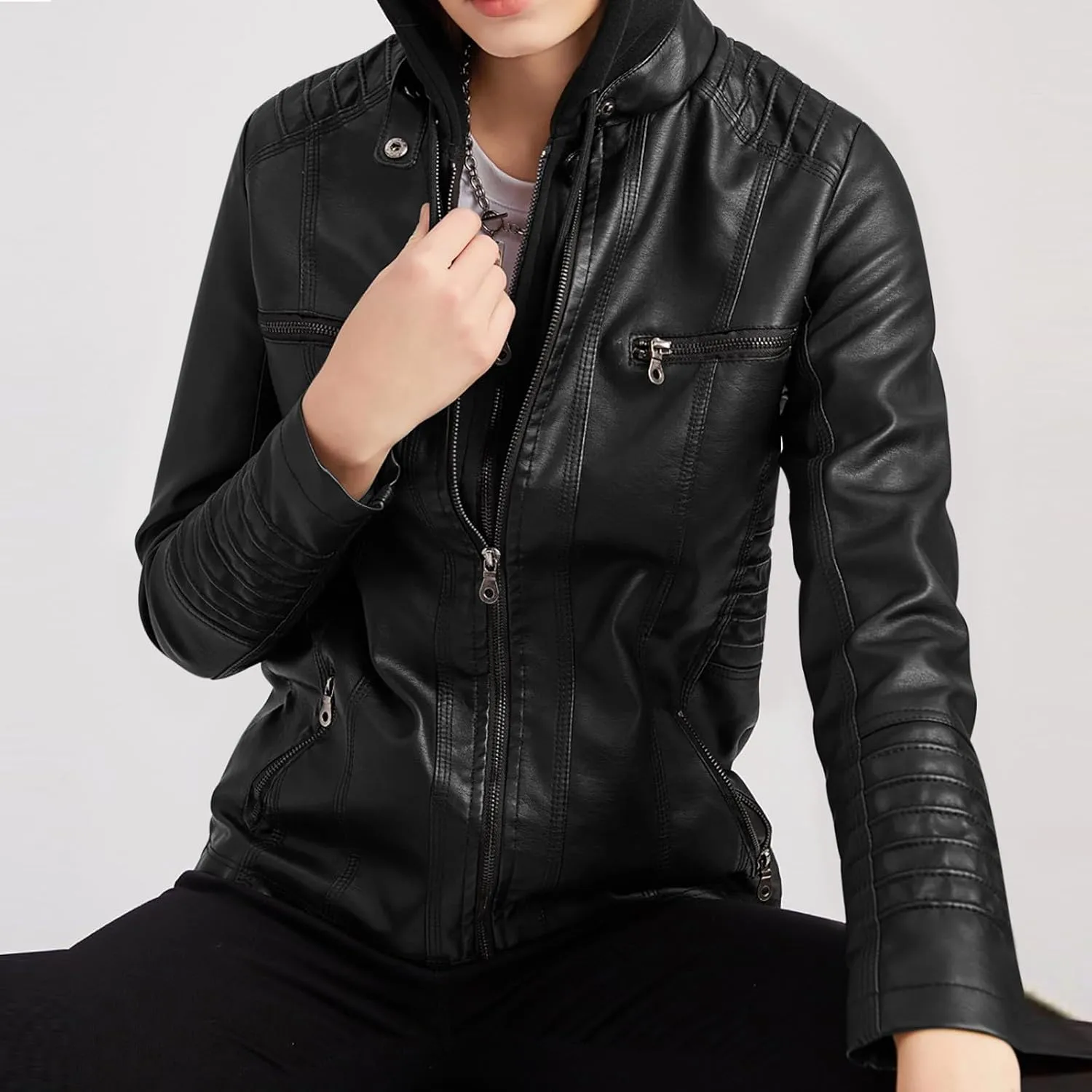 Lmdudan Hooded Leather Jacket for Women Motorcycle Coat Plus Size Long Sleeve Zipper Faux Leather Jackets Outwear & Pockets