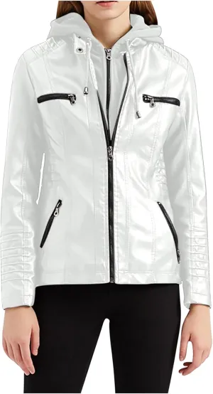 Lmdudan Hooded Leather Jacket for Women Motorcycle Coat Plus Size Long Sleeve Zipper Faux Leather Jackets Outwear & Pockets