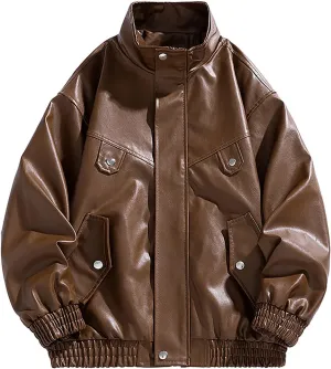 Lmdudan Mens Faux Leather Jacket Motorcycle Bomber Jackets Oversized Jacket Streetwear Stand Collar Lightweight Windbreaker