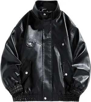 Lmdudan Mens Faux Leather Jacket Motorcycle Bomber Jackets Oversized Jacket Streetwear Stand Collar Lightweight Windbreaker