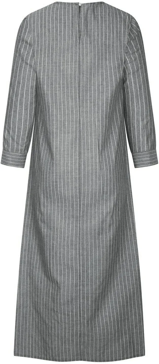 Lmdudan Muslim Dresses - Ladies Robe Dress Islamic Abaya - Cotton Linen Dress - Stripe Conservative Prayer Clothes