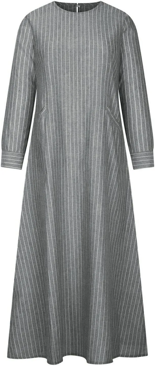 Lmdudan Muslim Dresses - Ladies Robe Dress Islamic Abaya - Cotton Linen Dress - Stripe Conservative Prayer Clothes
