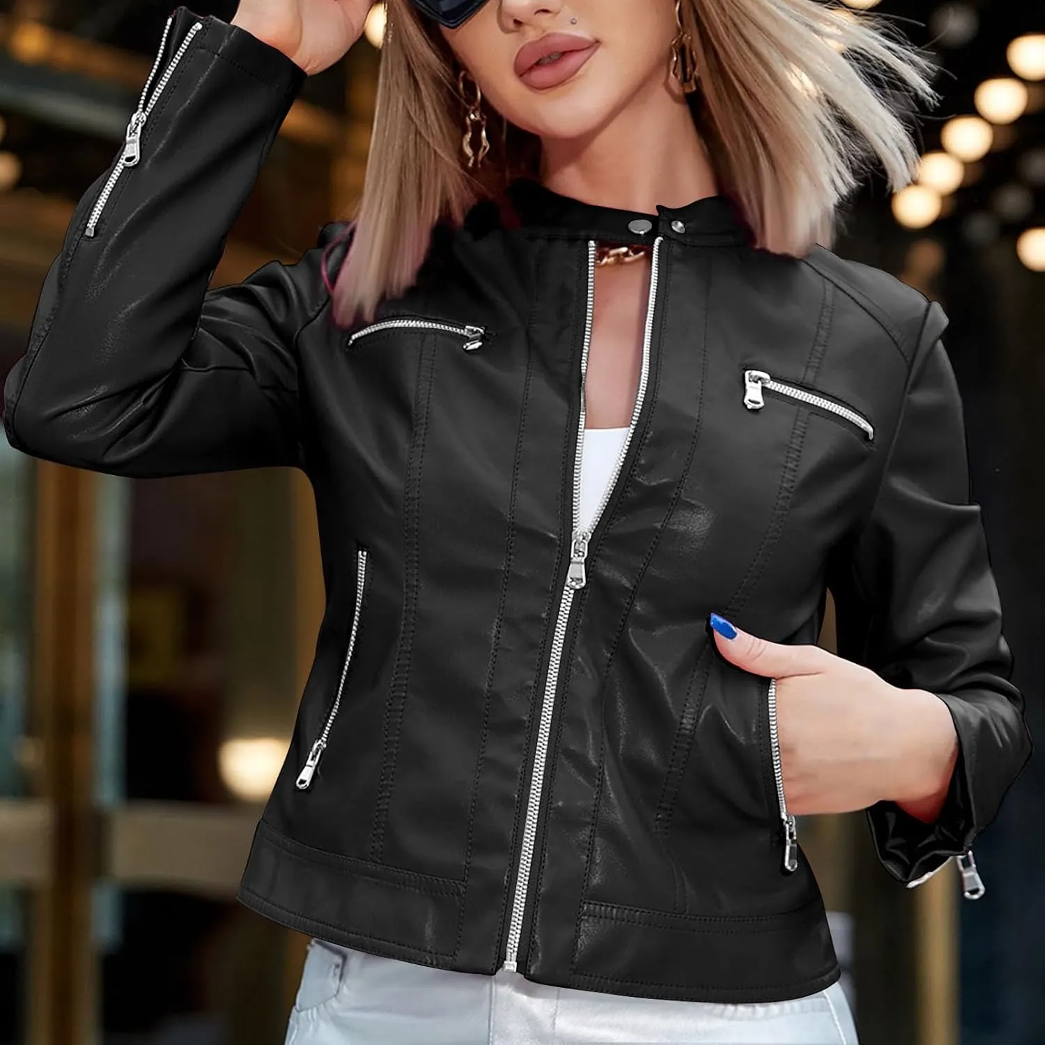 Lmdudan Sexy Faux Leather Short Jacket for Women Long Sleeve Zipper Coats Fashion Solid Color Casual Outwear Tops with Pocket
