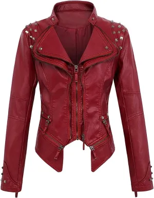 Lmdudan Women Fashion Studded Leather Jacket Fashion Perfectly Shaping Faux Leather Biker Jacket Long Sleeve Motorcycle Coats