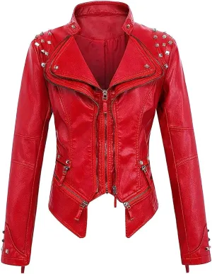 Lmdudan Women Fashion Studded Leather Jacket Fashion Perfectly Shaping Faux Leather Biker Jacket Long Sleeve Motorcycle Coats