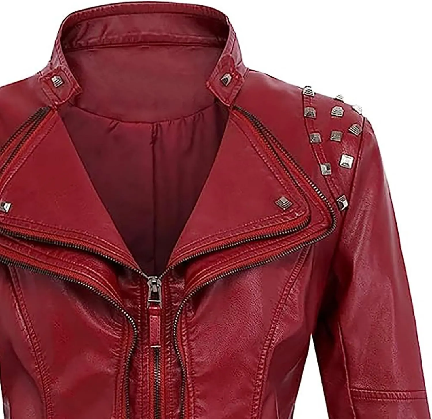 Lmdudan Women Fashion Studded Leather Jacket Fashion Perfectly Shaping Faux Leather Biker Jacket Long Sleeve Motorcycle Coats