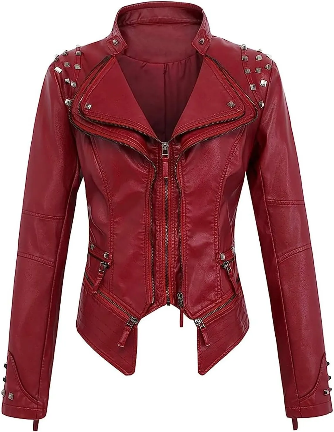 Lmdudan Women Fashion Studded Leather Jacket Fashion Perfectly Shaping Faux Leather Biker Jacket Long Sleeve Motorcycle Coats