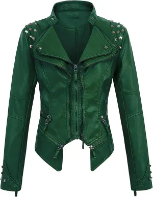 Lmdudan Women Fashion Studded Leather Jacket Fashion Perfectly Shaping Faux Leather Biker Jacket Long Sleeve Motorcycle Coats