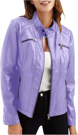 Lmdudan Women's Faux Leather Motorcycle Jacket Ladies 2023 Fashion PU Slim Short Biker Coat Long Sleeve Zipper Outwear Tops
