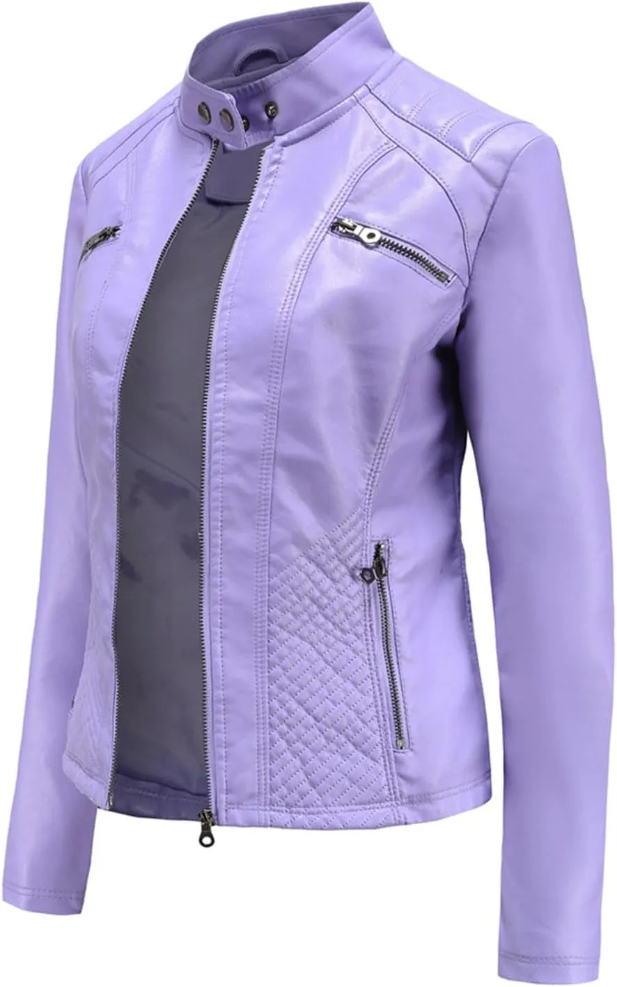 Lmdudan Women's Faux Leather Motorcycle Jacket Ladies 2023 Fashion PU Slim Short Biker Coat Long Sleeve Zipper Outwear Tops
