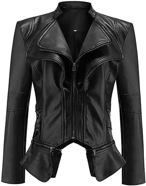 Lmdudan Women's Faux Leather Motorcycle Jacket Ladies 2023 Fashion PU Slim Short Biker Coat Long Sleeve Zipper Outwear Tops