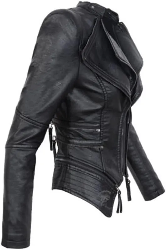 Lmdudan Women's Faux Leather Motorcycle Jacket Ladies 2023 Fashion PU Slim Short Biker Coat Long Sleeve Zipper Outwear Tops