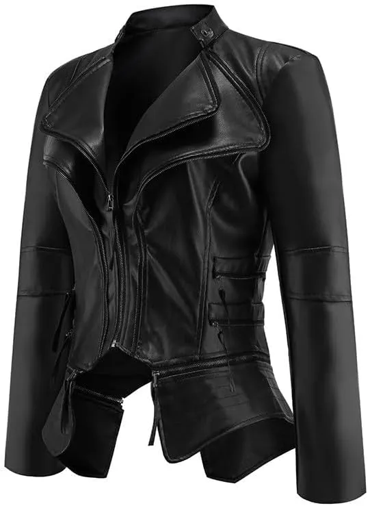 Lmdudan Women's Faux Leather Motorcycle Jacket Ladies 2023 Fashion PU Slim Short Biker Coat Long Sleeve Zipper Outwear Tops