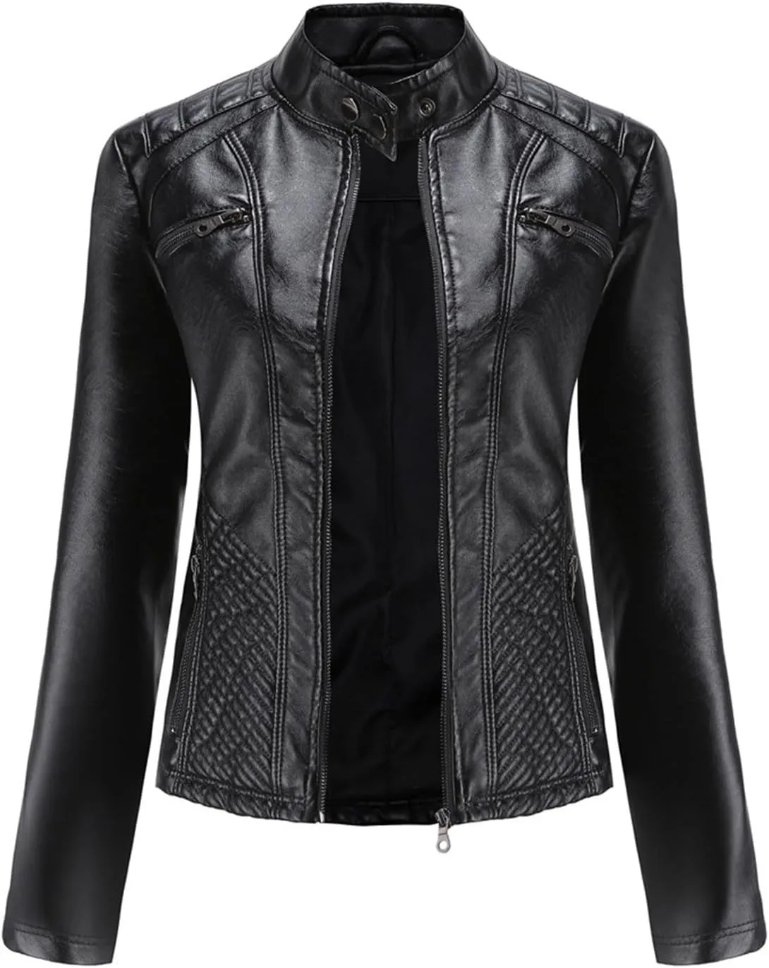 Lmdudan Women's Faux Leather Motorcycle Jacket Ladies 2023 Fashion PU Slim Short Biker Coat Long Sleeve Zipper Outwear Tops
