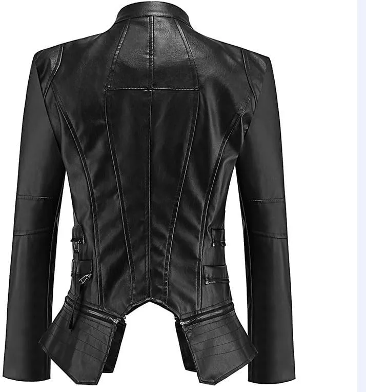 Lmdudan Women's Faux Leather Motorcycle Jacket Ladies 2023 Fashion PU Slim Short Biker Coat Long Sleeve Zipper Outwear Tops