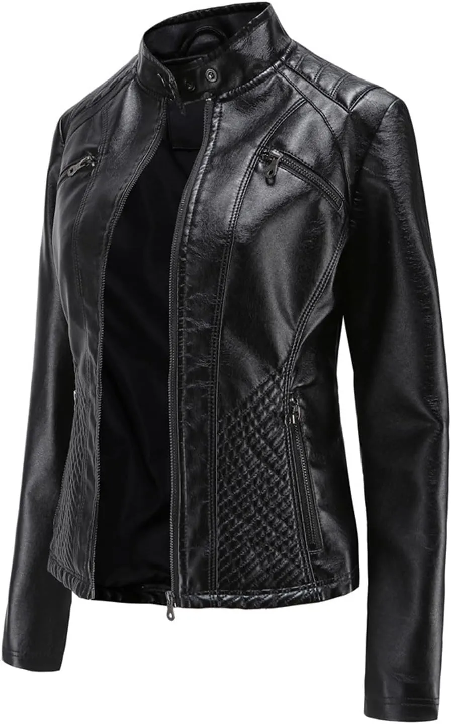 Lmdudan Women's Faux Leather Motorcycle Jacket Ladies 2023 Fashion PU Slim Short Biker Coat Long Sleeve Zipper Outwear Tops