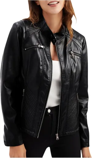 Lmdudan Women's Faux Leather Motorcycle Jacket Ladies 2023 Fashion PU Slim Short Biker Coat Long Sleeve Zipper Outwear Tops