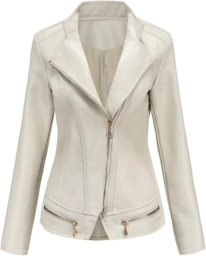 Lmdudan Women's Faux Leather Short Jacket Fashion Zipper PU Slim Short Motorcycle Coat Casual Comfy Outwear with Pockets