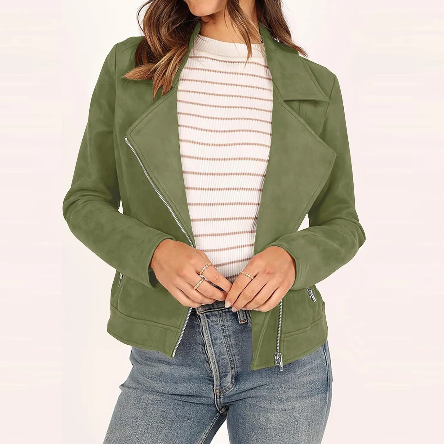 Lmdudan Womens Leather Jacket Faux Suede Biker Moto Coat 2023 Fashion Long Sleeve Zipped Notch Collar Outwear Solid Color Top