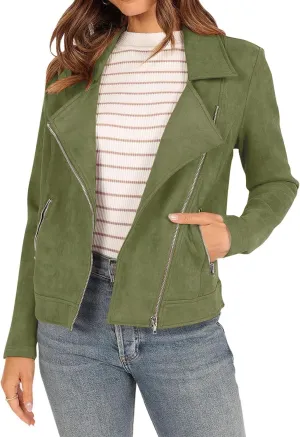 Lmdudan Womens Leather Jacket Faux Suede Biker Moto Coat 2023 Fashion Long Sleeve Zipped Notch Collar Outwear Solid Color Top