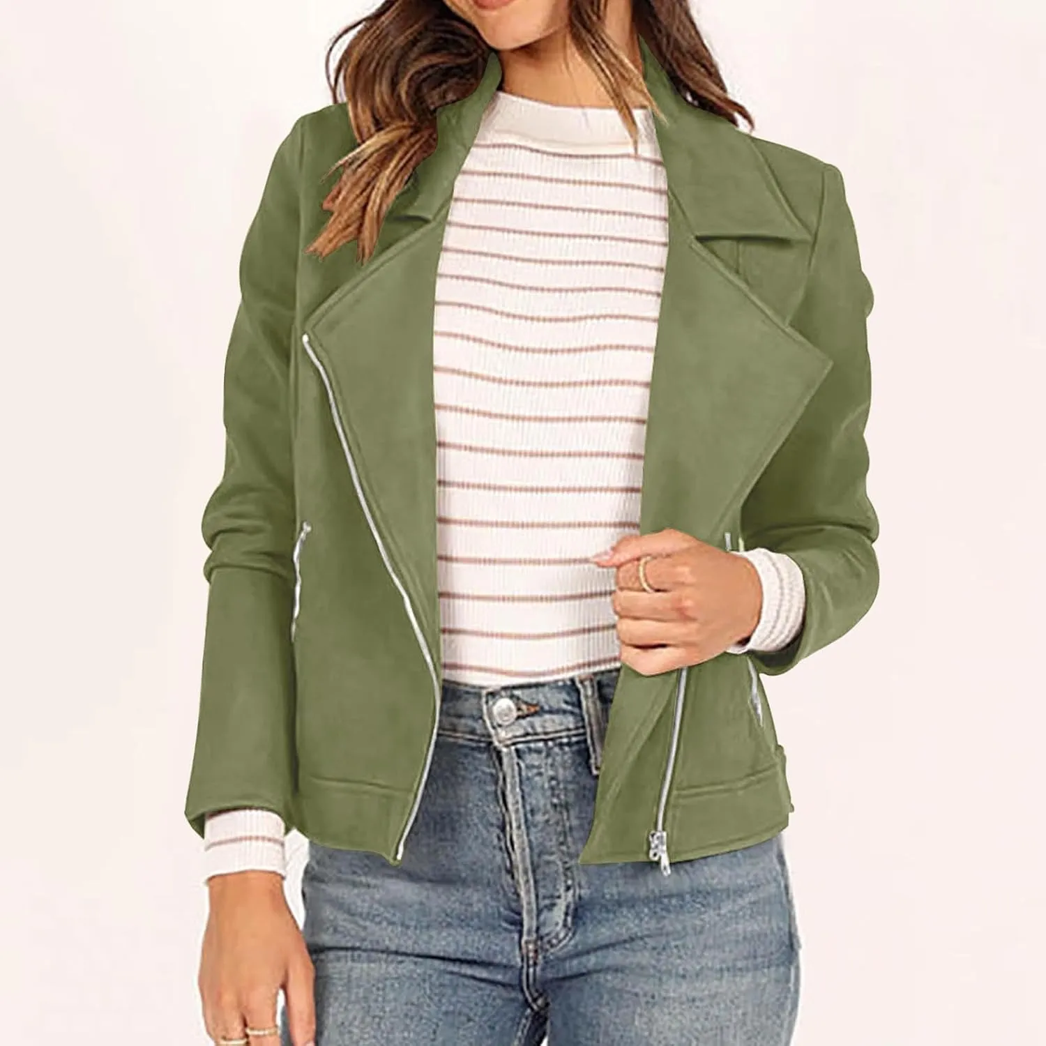 Lmdudan Womens Leather Jacket Faux Suede Biker Moto Coat 2023 Fashion Long Sleeve Zipped Notch Collar Outwear Solid Color Top