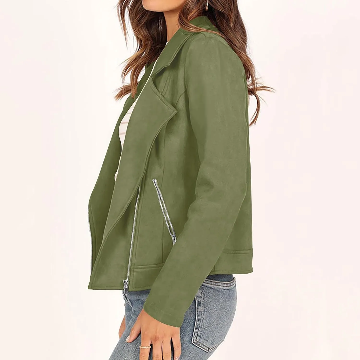 Lmdudan Womens Leather Jacket Faux Suede Biker Moto Coat 2023 Fashion Long Sleeve Zipped Notch Collar Outwear Solid Color Top