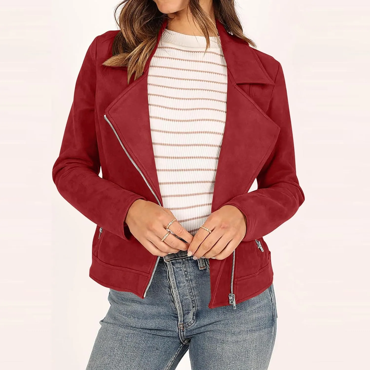 Lmdudan Womens Leather Jacket Faux Suede Biker Moto Coat 2023 Fashion Long Sleeve Zipped Notch Collar Outwear Solid Color Top